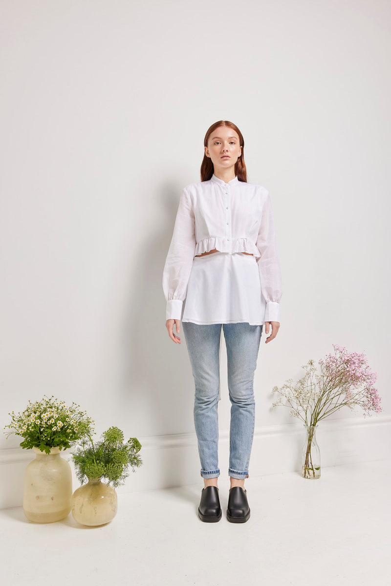 BRADLEY RUFFLE BUTTON UP SHIRT White, MARGOT THE BRAND